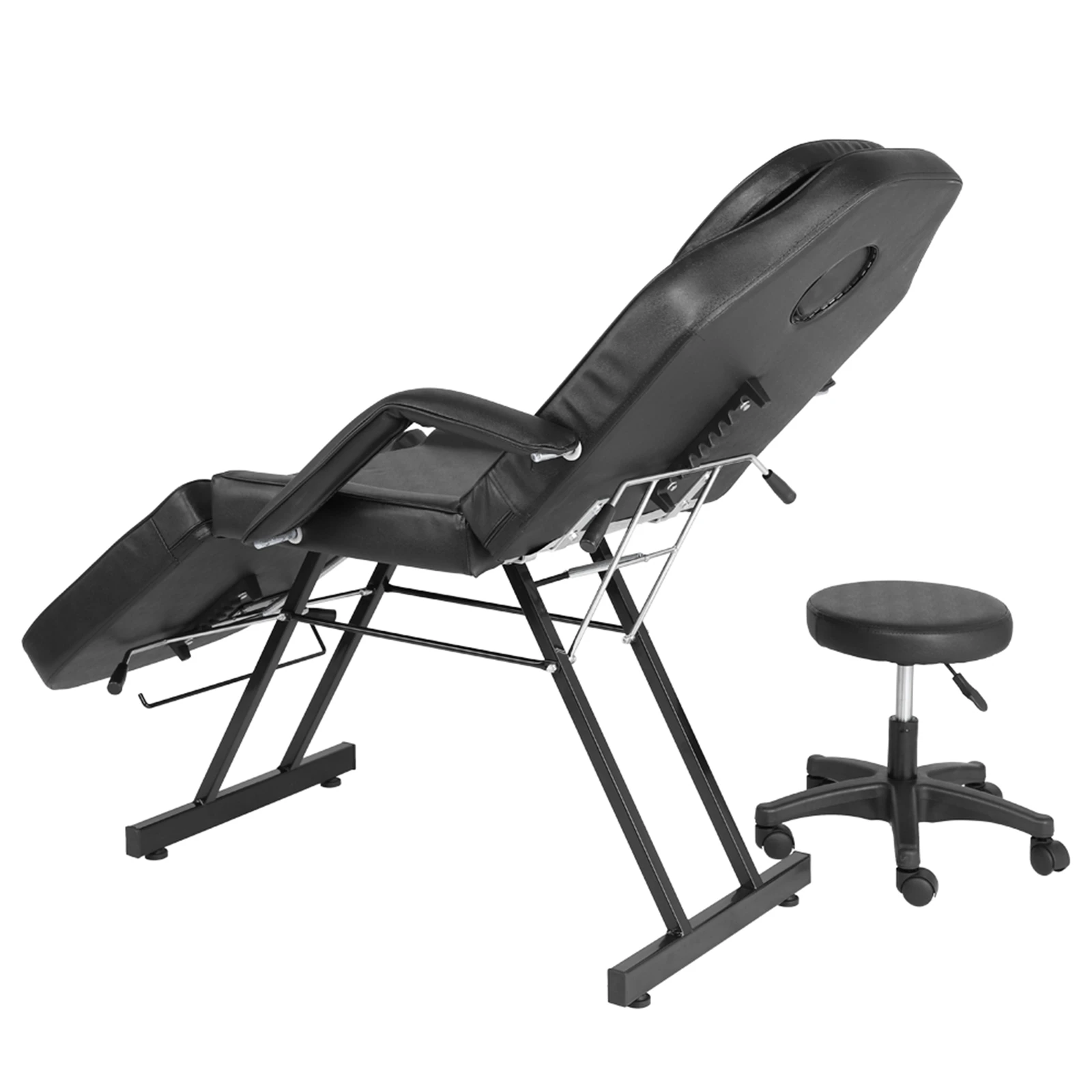 Cama de masaje ajustable para salón de belleza, sillón de tatuaje con taburete, color negro