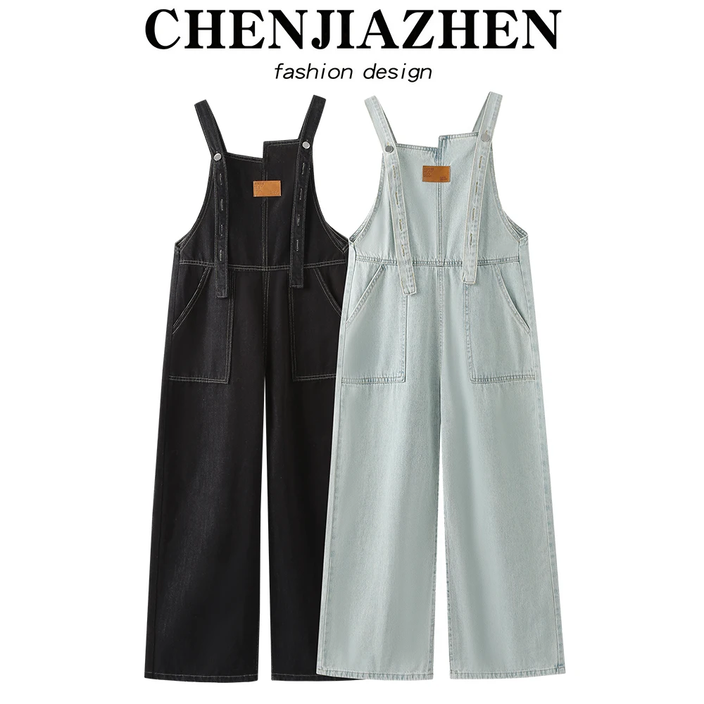 

Джинсовый комбинезон Chenjiazhen в винтажном стиле, женские прямые брюки-карго, широкие брюки с высокой талией, корейский стиль, весна-лето