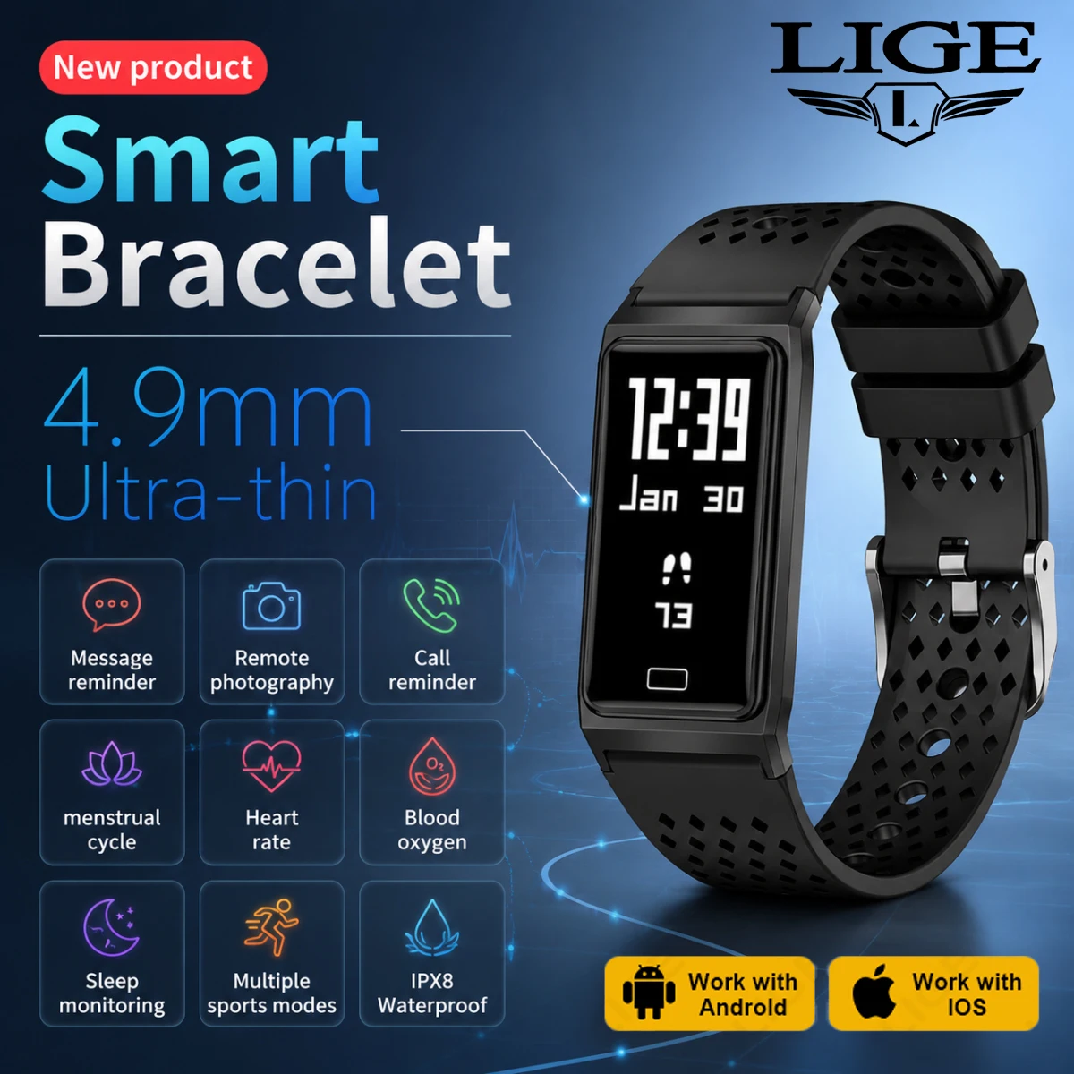 Ultra-thin 4.9mm Smart Bracelet Heart Rate Blood Oxygen Sleep Monitor IPX8 Waterproof Multi Sports Modes Smart Watch Men Women