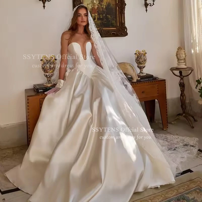 Suknie ślubne SSYTENS dla białych kobiet, dekolt w serduszko, bez rękawów, satynowe suknie ślubne plażowe, suknie balowe księżniczki, suknie na studniówkę, szyte na miarę