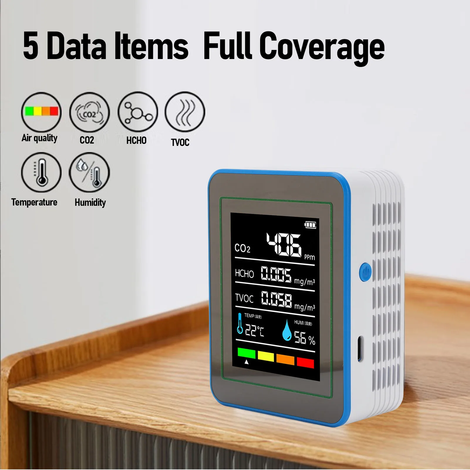 Luftqualitätsdetektor 5-in-1 LCD-Farbbildschirm Lange Akkulaufzeit CO2 TVOC HCHO Messgerät Schnelle Datenaktualisierung Wiederaufladbar für Büro