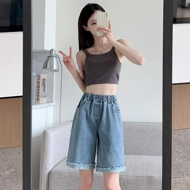 Women Elastic Waist Pockets Basic Solid Blue Denim Shorts Bandage Wide Casual Pants Cropped Jeans 2025 Trousers Ladies