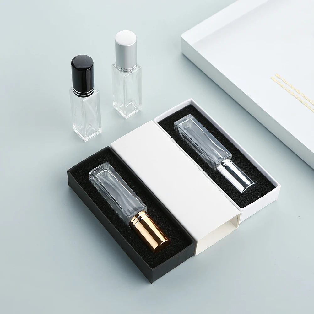 30/40 flaconi di profumo quadrati in vetro trasparente da 10 ml, spruzzatori in alluminio a doppia linea, spray idratanti a pressione, riutilizzabili, con scatole