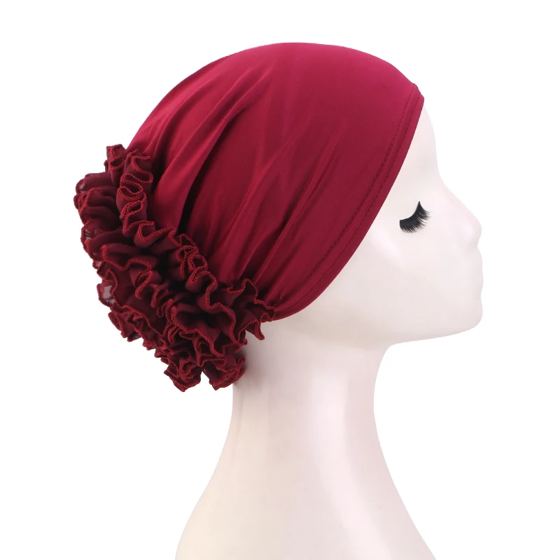 Neuer atmungsaktiver Chiffon-Hut mit großen Blumen, einfarbig, dünne Bodenkappe, islamischer Kopfwickel, elastischer Anti-Haarausfall-Hut für Damen – Detail 8