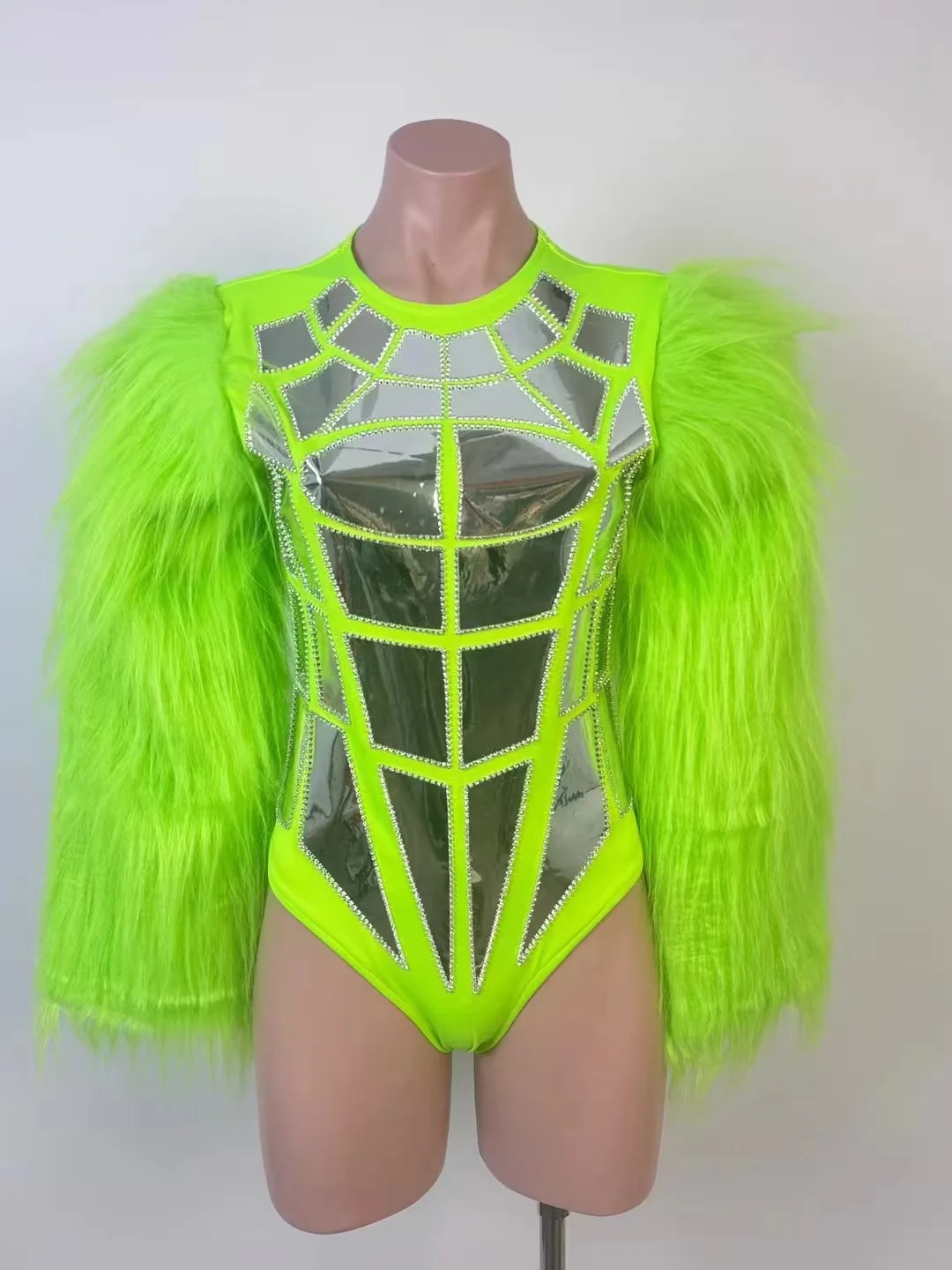 Fur Sleeve Fluorescent Green Rose Red Pink Laser Bodysuit Bar Nightclub Drag Queen Rave Outfit Line Gogo Stage Wear Sexy Dj