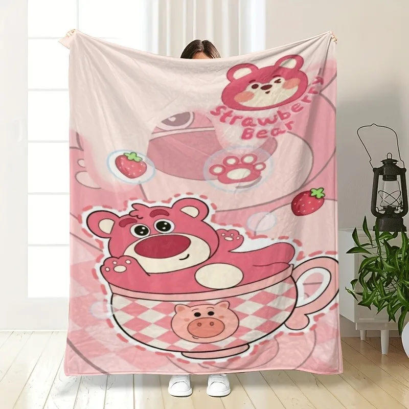 

1PC Cute Strawberry Bear Pattern Blanket ,Multifunctional blanket suitable for home, outdoor, travel, camping.