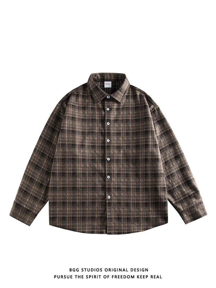 

Retro Japanese Sle Long Sve Plaid irt Loose Casual Men's Faion Autumn Outerwear irt Youth ular Polyester Blend