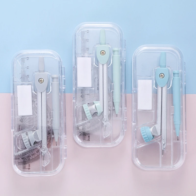 Portable Compass Kit with Protractor Triangles Ruler Mechanical Pencil Eraser