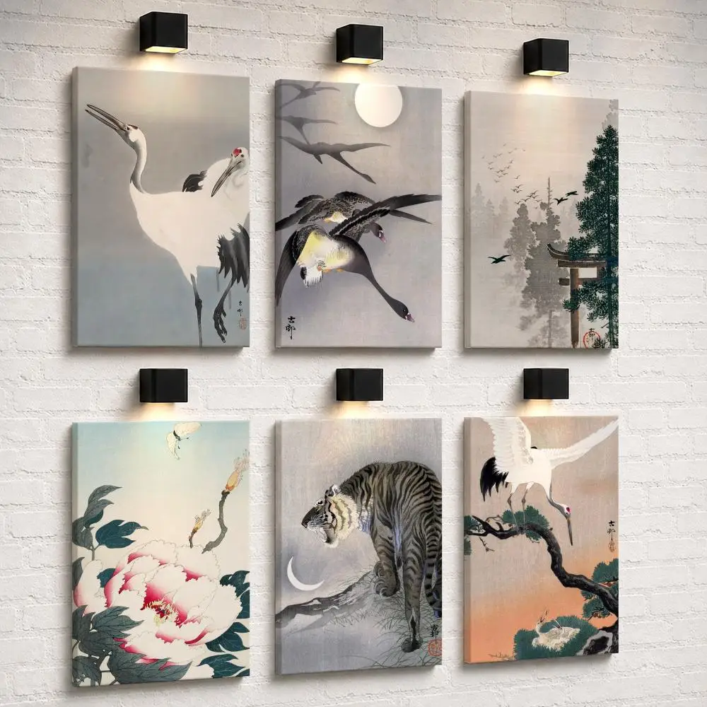 Ukiyo E Full Moon Sparrows Crows Framed Wall Painting Ready to Hang Canvas Art Poster for Living Room Bedroom Home Decor Decals