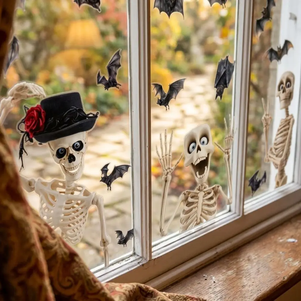 4Pcs Removable Halloween Skeleton Window Stickers Non-Adhesive PVC Bat Skeleton Static Stickers Transparent Print Spooky
