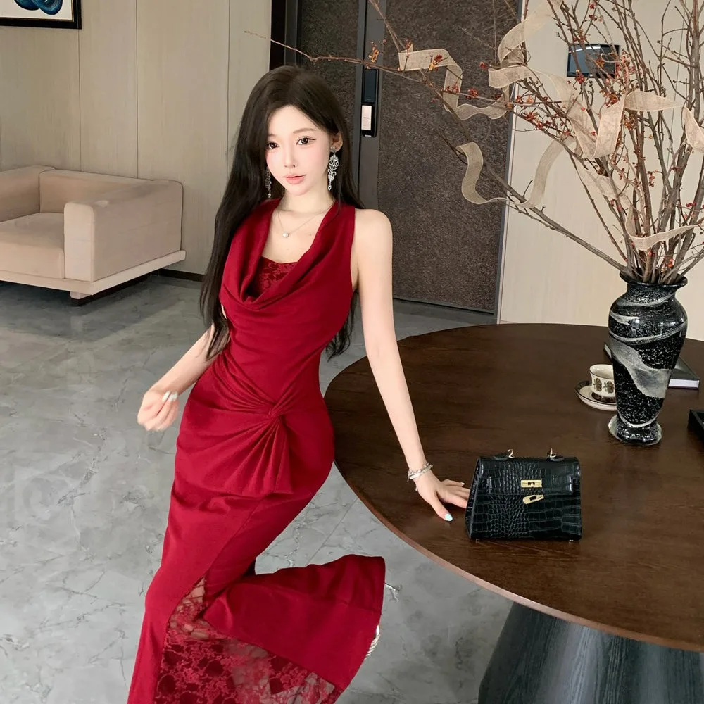 

Pure Desire Red Long Slim Fit Holiday Dr Ne Hanging Ba Ele Chinese Sle с высокой талией Осень Зима Новые женские...