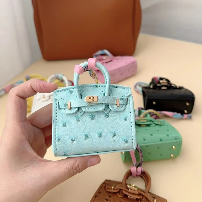 Ostrich Handmade Mini Bag PU Leather Handbag Keychain Cute Pendant Bag Headset Bags Keychain Fashion Creative Mini Luxury Wallet