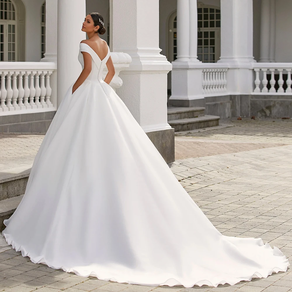 Vestidos De Novia De satén sencillos personalizados, línea A, escote en V, hombros descubiertos, espalda abierta, paquete, Vestidos De Novia