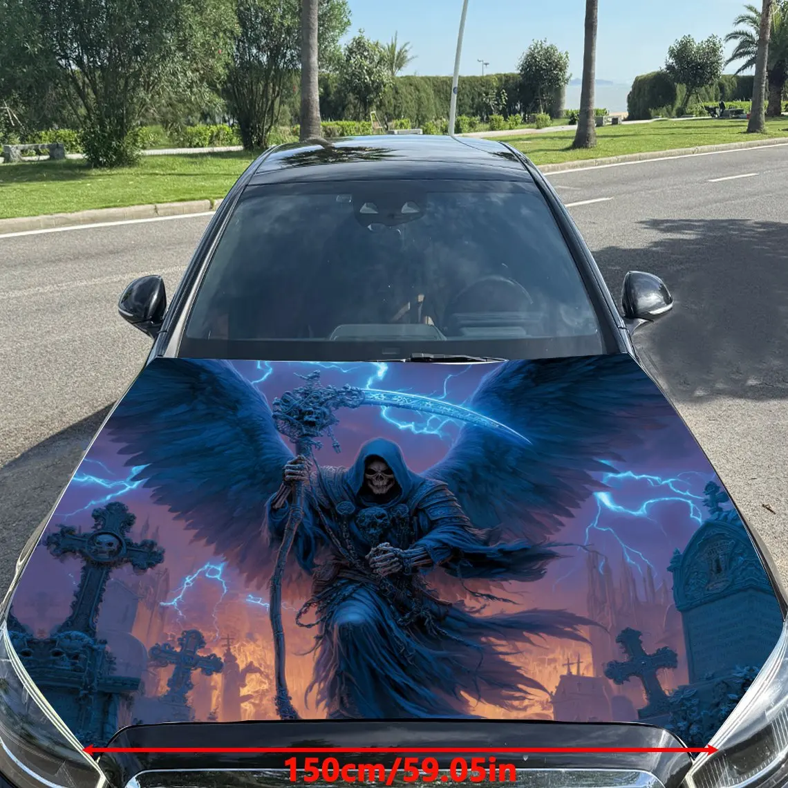 Black - Winged Grim Reaper in Lightning Cemetery Car Vinyl Wrap, PVC Material Waterproof Car Hood Sticker, Self-Adhesive Scratch