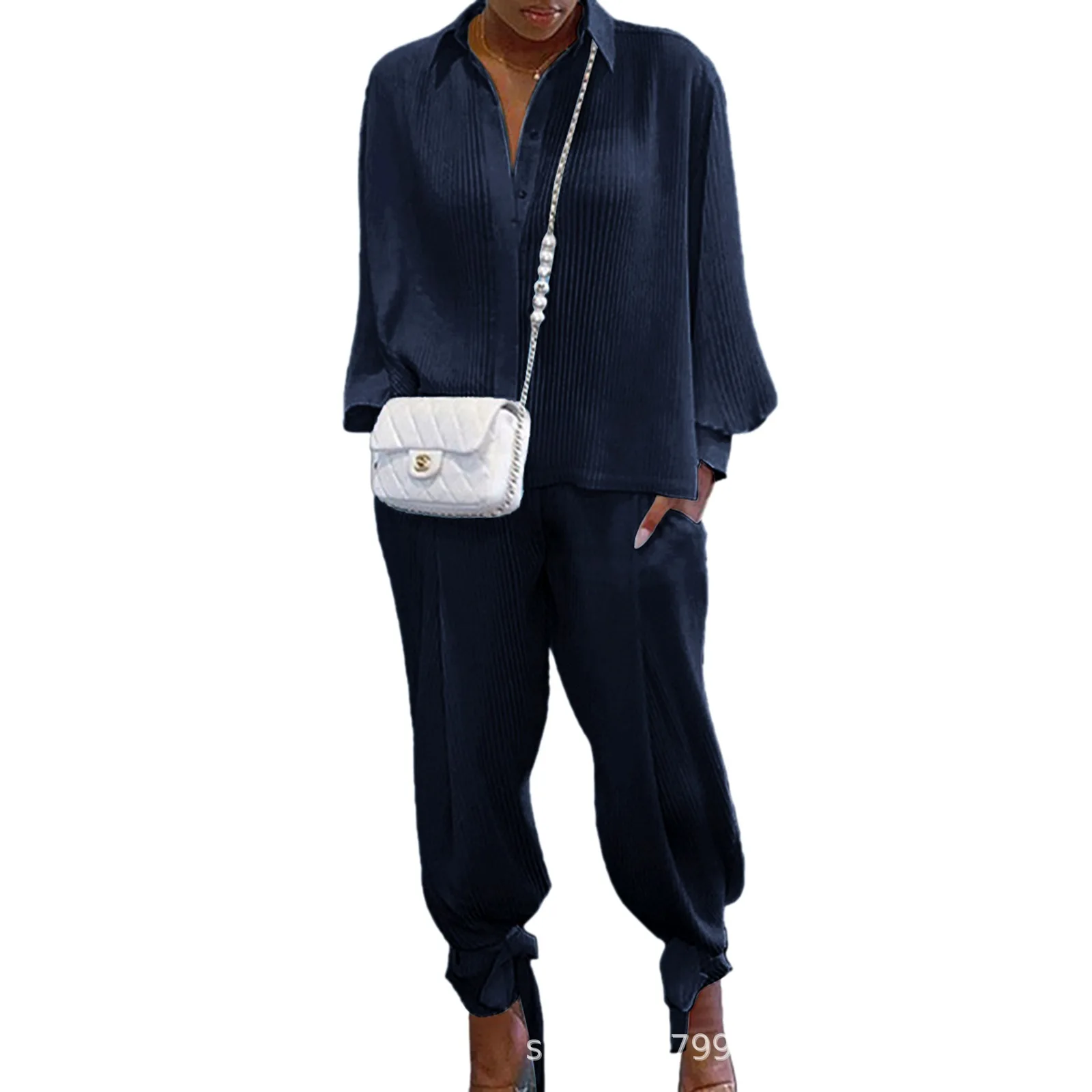 Klassisches, solides Hemd-Hosen-Set für Damen, lässig, locker, langärmelig, Revers, elastische Taille, zweiteiliger Anzug, 2025, neues Sommer-Straßen-Outfit – Detail 9