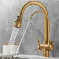 Antique Pull Out Kitchen Faucet Water Filter Tap Brass Crane For Kitchen Deck Mounted Sink Faucet Mixer 3 Way Kitchen Faucet