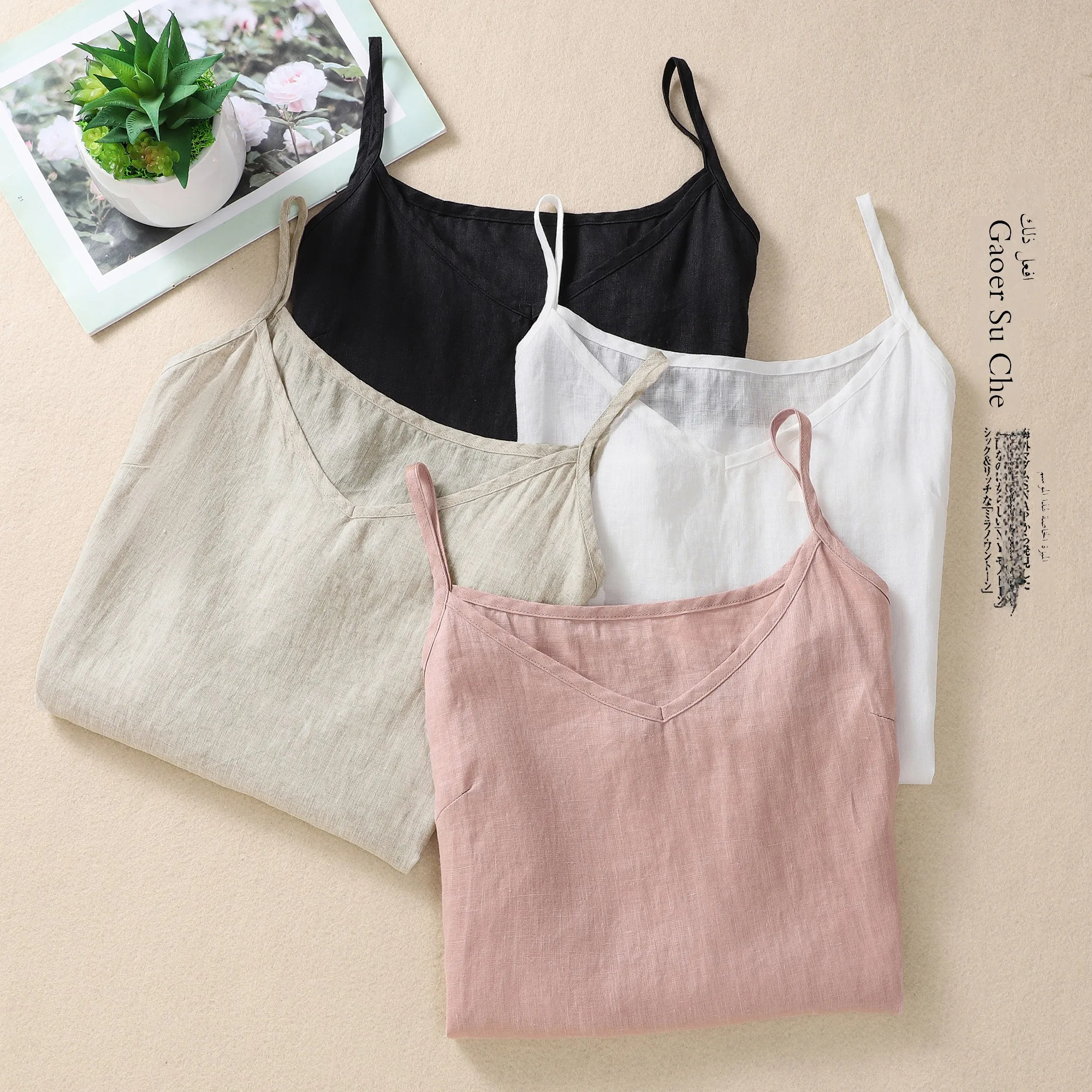 Women's Loose Lightweight Cotton Linen Vest Top V-Neck Sweet Style Regular Length Pure Color Summer Fashion Inner Wear