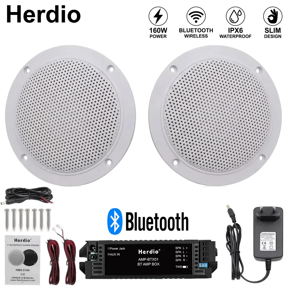 Herdio 4 Inch Bluetooth Speaker 160W Audio Amplifier Ceiling Water Resistant Marine Speakers for Bathroom Kitchen Home Outdoor