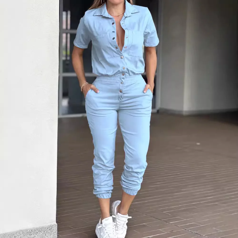 

Women's Fashion Solid Color Button Front Jumpsuit Collared Pocket Elastic Waist Slim Fit Elegant Commute Versatile Comfortable