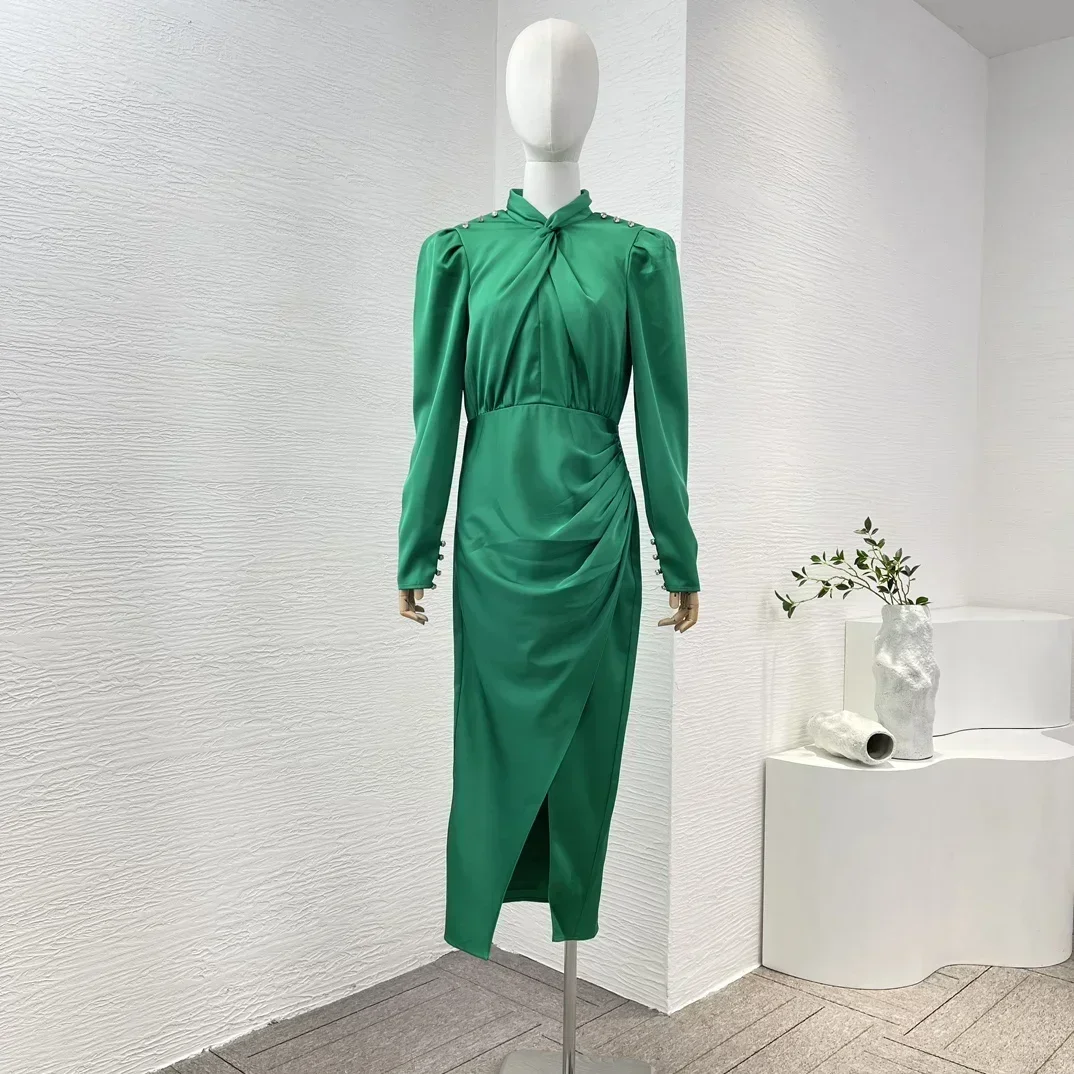 Green Cross Long Sleeve Knot Front Diamonds Side Slit Satin Midi Dress Elegant Women New Top Quality Clothes