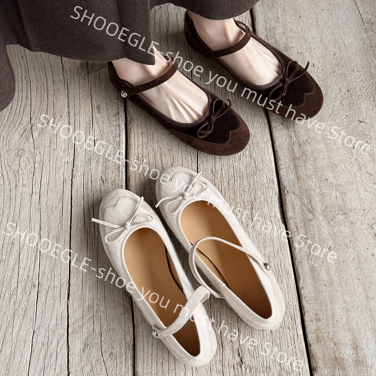 Women's Beige Suede Mary Jane Flats Bow Scallop Detail Design Sweet Round Toe T-Strap Casual Office Ladies Spring Single Shoes