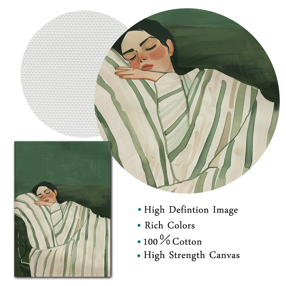 Emerald Green Abstract Stripe Woman Sleeping Poster Modern Minimalist Female Canvas Painting Wall Art Picture Living Room  Decor