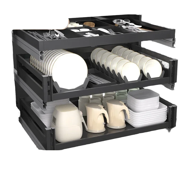 All aluminum alloy flat blue three-layer double-layer water pumping built-in glass product drawer for kitchen cabinets