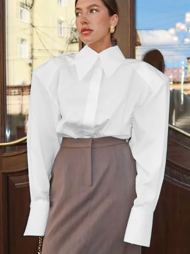 طية صدر السترة بأزرار ضيقة للنساء، مجموعة صيفية عصرية واسعة الكتف كاجوال Sle Long Sve irt للسيدات