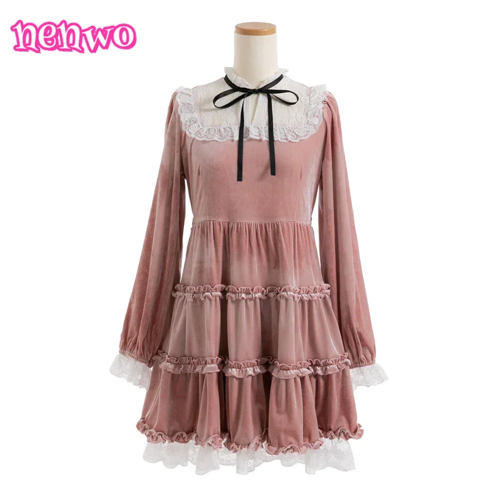 Outono inverno novo versátil elegante lolita estilo princesa veludo rendas retalhos em camadas vestido babados doce bonito vestido plissado