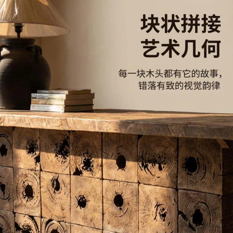 Wabi Sansan weathered old wood simple homestay bar, log checkout page counter, solid wood company front desk reception desk