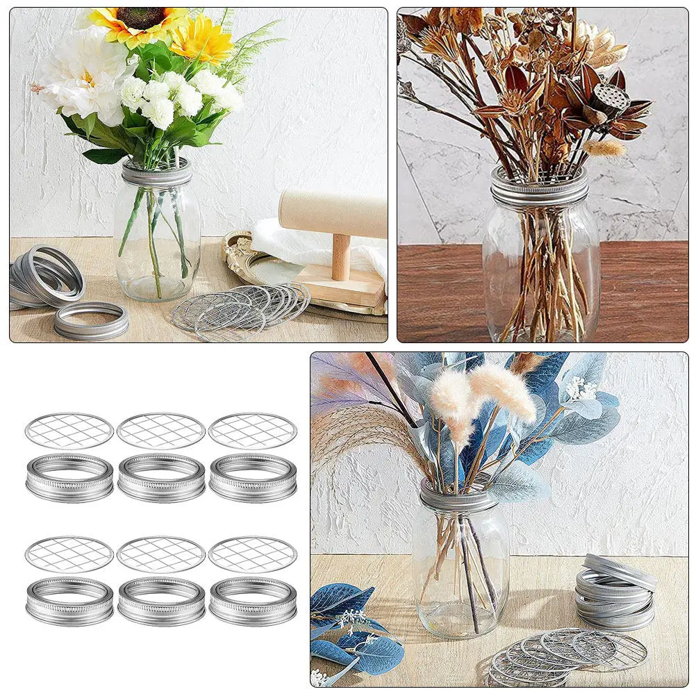 6Sets Metal Flower Lid Insert for Canning Jars Glass Bottles Grid Design Flower Arrangement Tool Home Office Decoration Storage