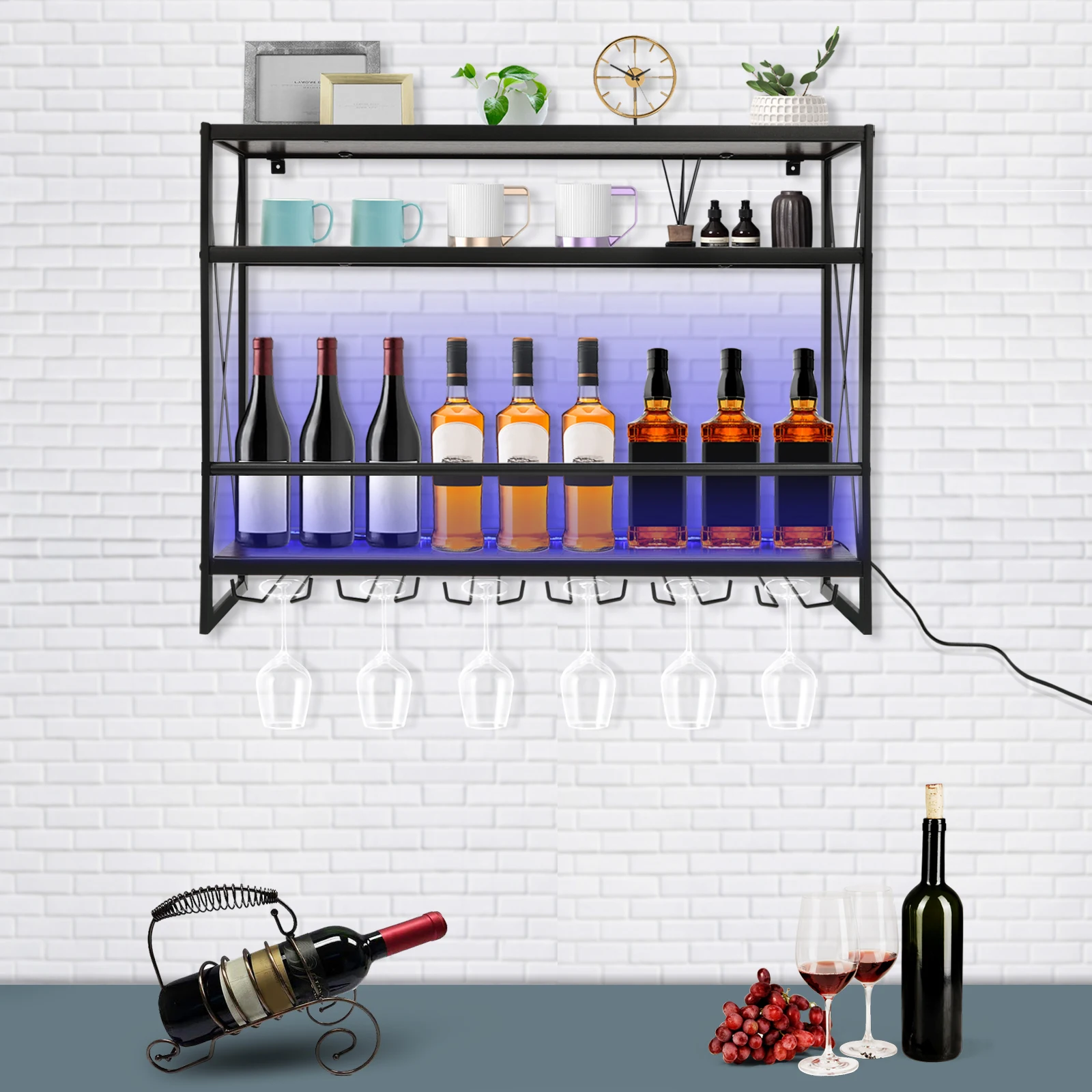 

LED-Illuminated Wall Mount Wine Rack, Remote-Controlled 6-Glass Holder, 31.5in Industrial Metal, 3-Tier Home Bar Shelving