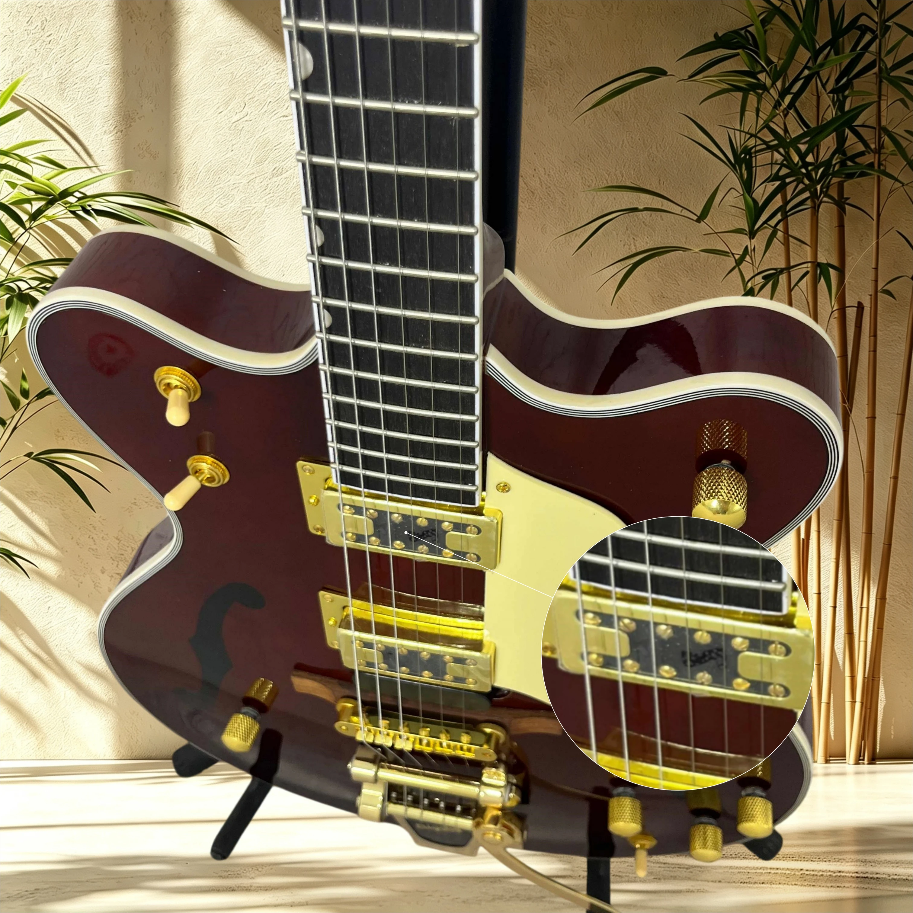 G Semi Hollow Electric Guitar Maple Semi‑hollow Body Rosewood Fretboard Cherry Wine F Hole Cream Pickguard Double Humbucker