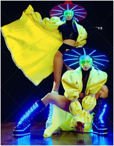 Nightclub  LED light-emitting cap bright yellow space cotton modeling suit costume bar