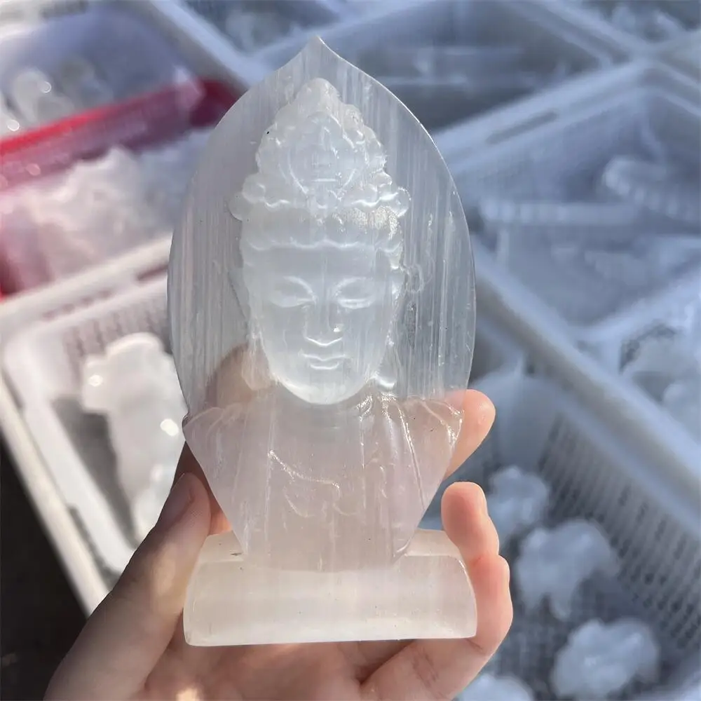 White Selenite Goddess Guanyin Statue Reiki Healing Stone Fengshui Decor Home Decorative Ideal Holiday Gift