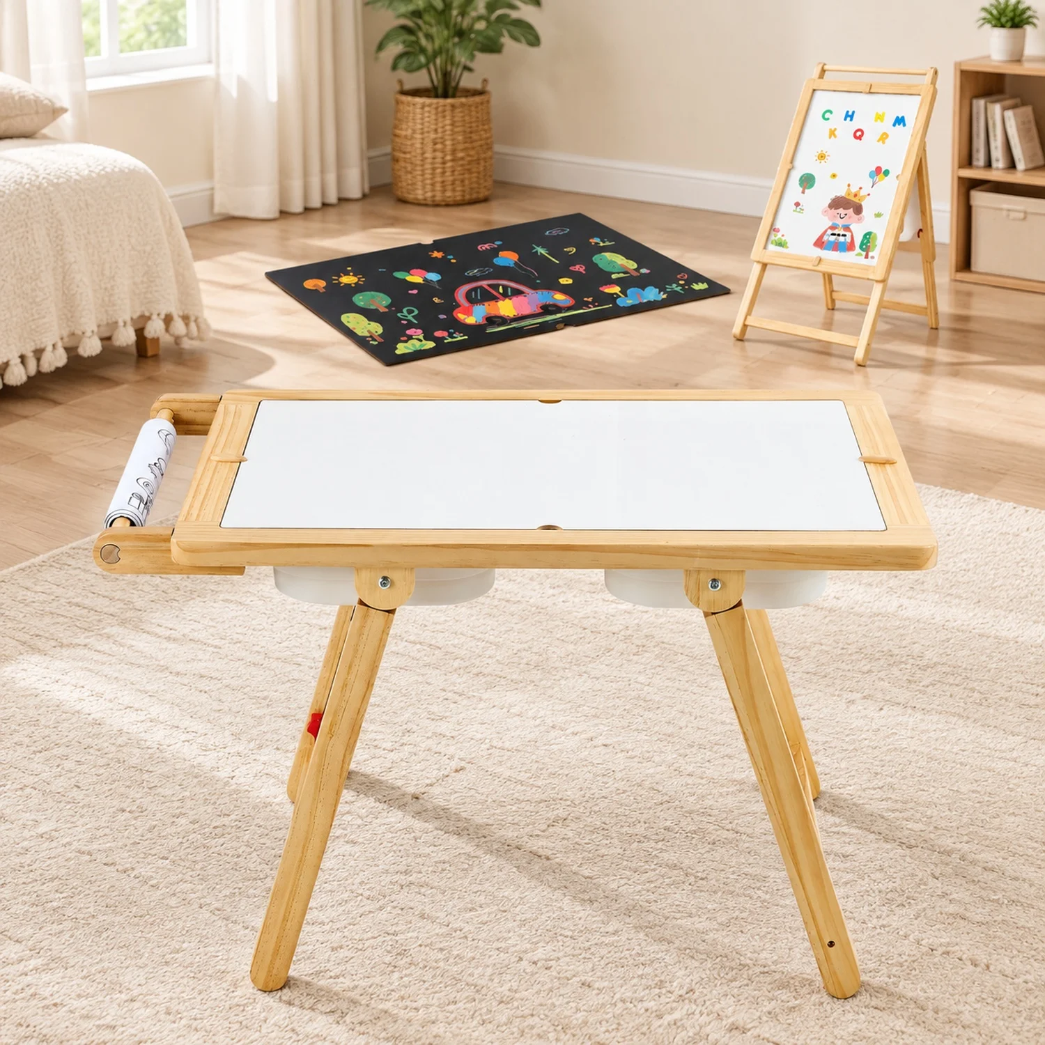 Sensory Table for Toddlers, Wooden Kids Activity and Art Easel with Reversible Double-Sided Board, Storage Bins, Boys Girls
