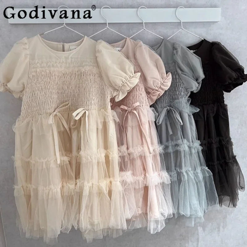 IMU Japanese Sweet Mesh Patchwork Puff Sleeve Short Dress Summer New 2025 Girls Cute Bow Slim Fit Dress Lady Daily Casual Dress