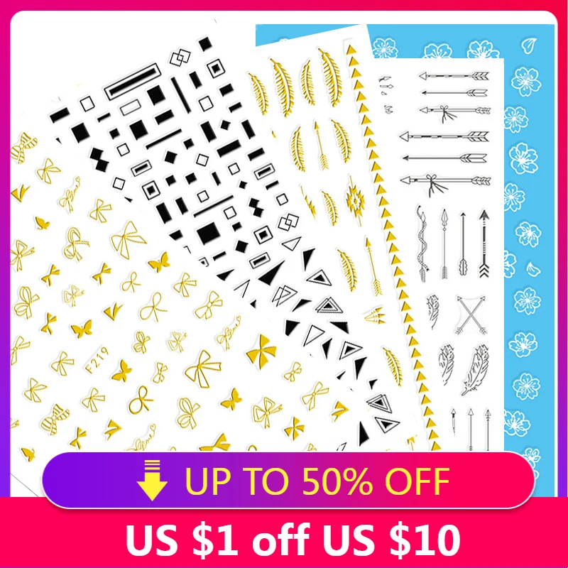 3D Gold Silver Geometric Bowknot Nail Art Stickers Adhesive Nail Art Decorations Black White Flowers Feather Nail Decals