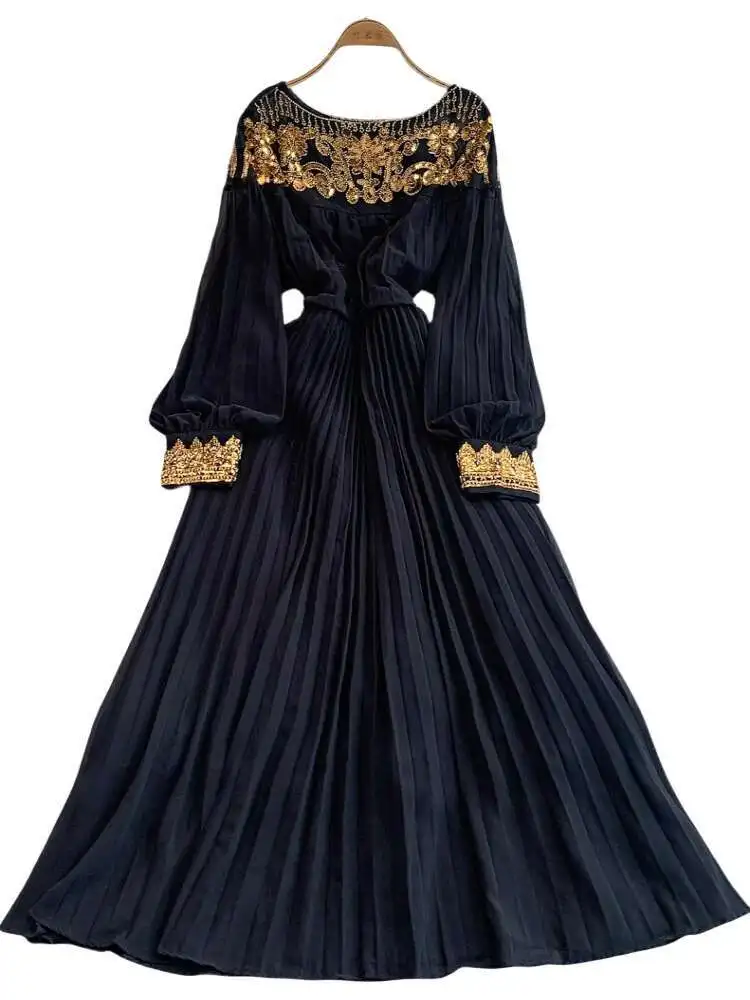 Luxury Crystal Sequins Formal Evening Dress Women Summer Autumn Long Sleeve Pearl Chiffon Dresses Prom Party Maxi Vestidos