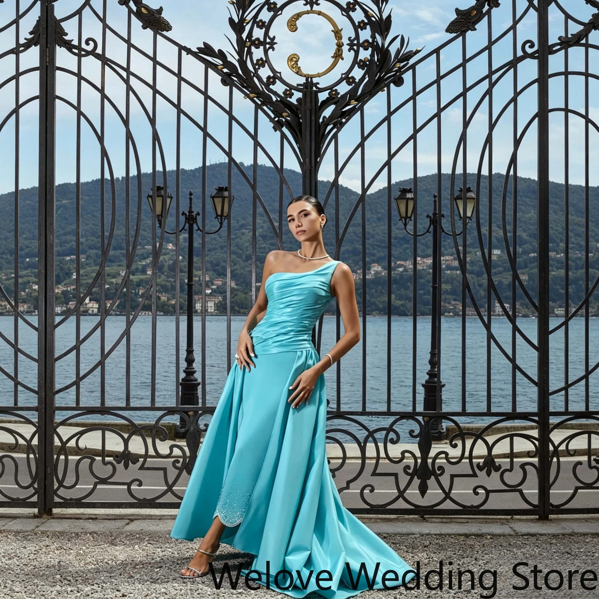 Customized Turquoise One Shoulder Satin Evening Dress Ruched Bodice A Line Skirt With Small Train Floor Length Formal Wedding