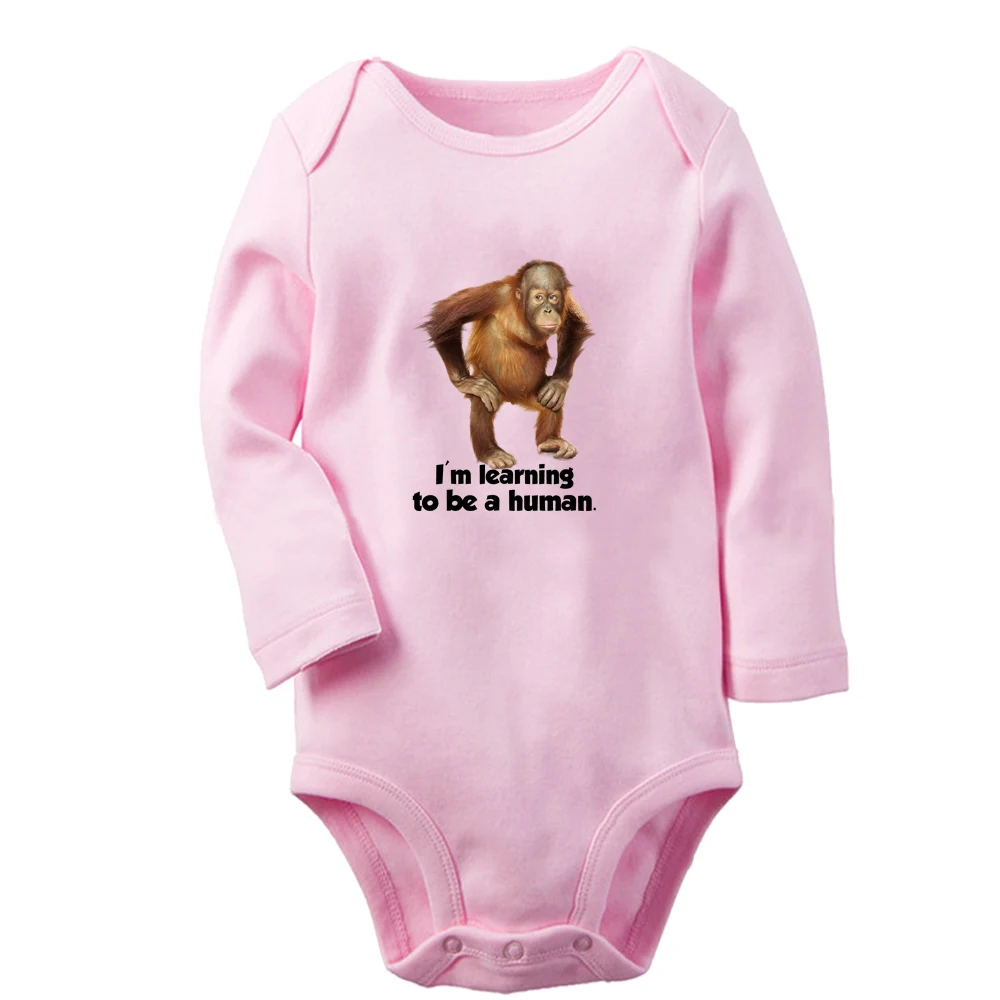 Orangutan I'm Learning to Be a Human Cute Baby Rompers Boys Girls Fun Print Bodysuit Infant Long Sleeves Jumpsuit Kids Clothes