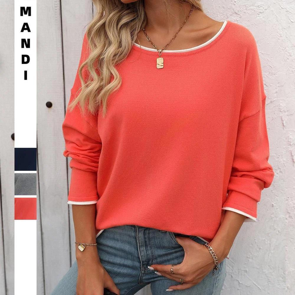 

2024 New Women's Long Sleeve Knitted Sweater round Neck Color Block Core Spun Yarn Loose Fit Summer Fashion Casual Wear