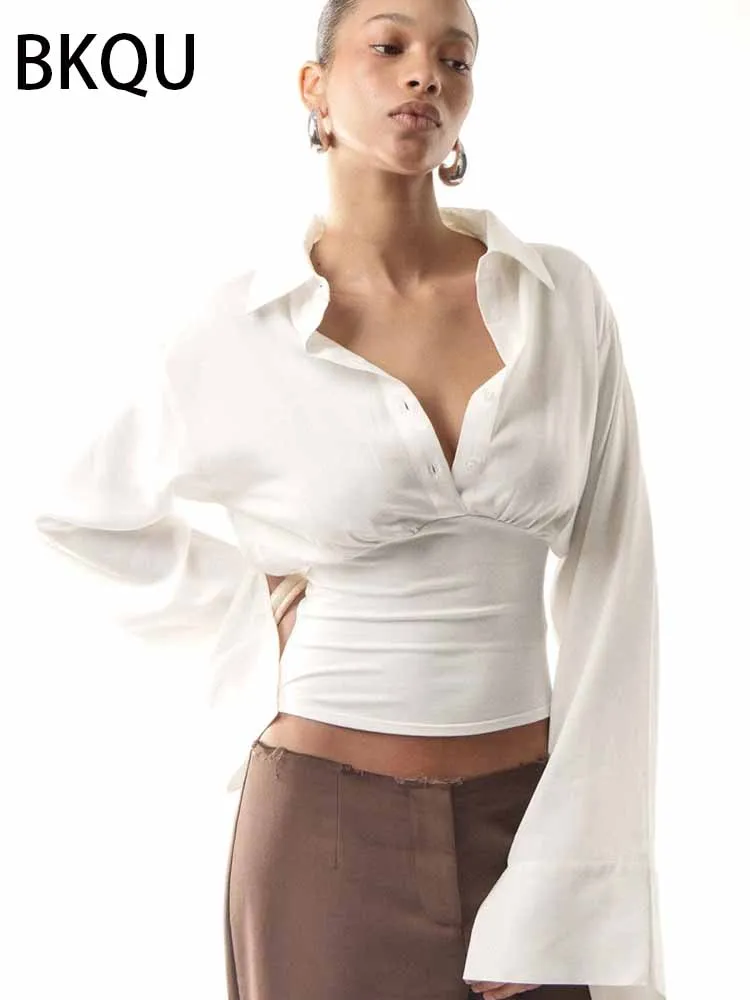 

BKQU Элегантная тонкая женская рубашка с лацканами, однобортный пуловер с длинными рукавами, рубашка, топ, осенняя новая модная базовая одежда для поездок на работу