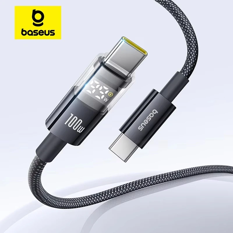 Кабель Baseus USB C 100 Вт для iPhone 17 16 15 Pro Max со светодиодным дисплеем USB-кабель типа C для Macbook pro, провод для быстрой зарядки для Xiaomi