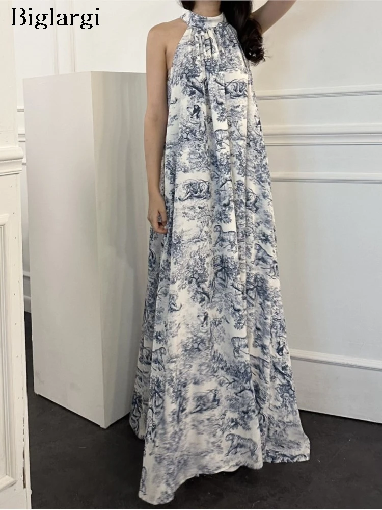 

Summer Sleeveless Vest Dress Women Floral Print Fashion Ruffle Pleated Korean Style Ladies Long A-Line Dresses Loose Woman Dress