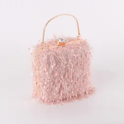 Box Shape Pink Feathers Womens Party Handbags Ladies Wedding Night Clutch Purse Tassel Plush Handbag Luxury Evening Party Bags