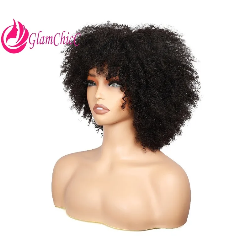 

Парик из натуральных афро-кудрявых волос, полностью машинной работы, с челкой, натурального цвета, бразильские волосы Remy, без клея, готов к носке, высокое качество.