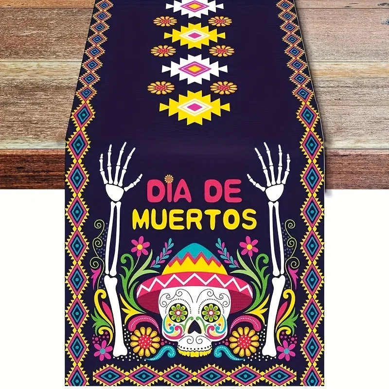 Mexican Day of The Dead Linen Table Runner Party Decor Mexico Dia De Los Muertos Skull Floral Table Runners Kitchen Table Decor