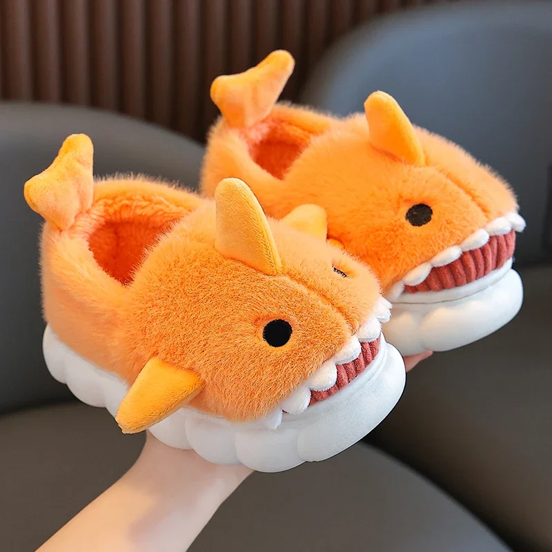 Winter Heel Wrap Cotton Slippers Children\'s Cute Cartoon Shark Non-slip Soft Sole Kids Boys Girls Junior Warm Plush Home Shoes