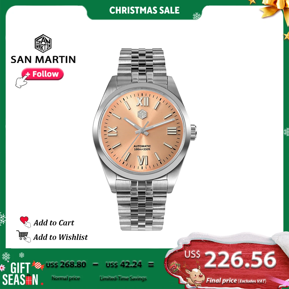

San Martin 39mm Men Dress Automatic Mechanical Watch Steel YN55 Roman Numeral Sunray Dial Business Watches Sapphire 10Bar SN0050